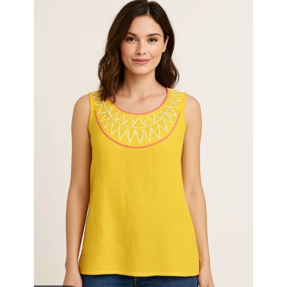Boden Embroidered 100% Linen Top - Yellow Boat Neck Sleeveless Blouse Size 4